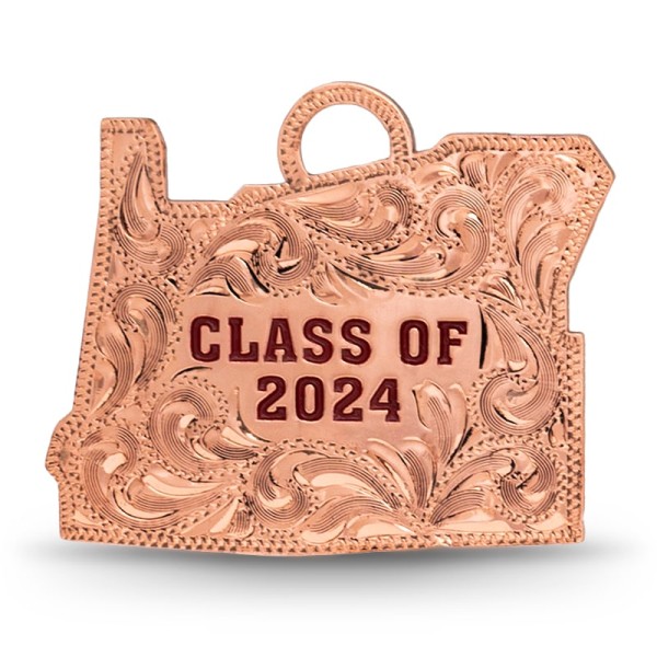 A custom silver tassel charm for 2024 graduates, designed for memorial caps, featuring a Oregon State Shape